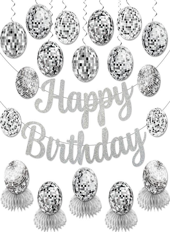 NUTTYBASH Disco Birthday Party Decorations - Silver Disco Ball Banner, Honeycomb Centerpieces, 70s-80s-90s Themed Party Pack - Image 1